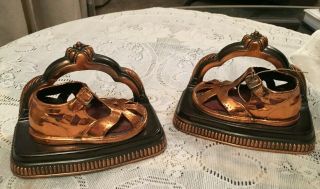 Vintage Antique Bronze Brushed Copper Baby Girl Shoes Metal Mount Bookends