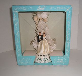 Vintage 1959 Wedding Cake Topper Bride & Groom Satin & Flowers Centerpiece & Box