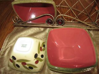 Clay Art Antique Olive Square Soup/salad Bowls Hand Painted (4) Ga - A - 19
