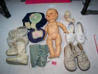 85.  Vintage Hard Plastic Doll Body Parts,  Head Turns,  Some Shoes,  No Mark,