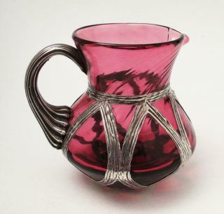 Art Nouveau Cranberry Glass Creamer Jug With Sterling Silver Overlay Antique
