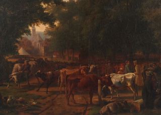 19thC Antique European Village Countery Market w/ Cattle & Peasants NR 3
