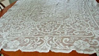 Antique Early Vintage Hand Made Needle Lace Tablecloth 50 X 68