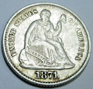 1871 - P Au - Bu Us Seated Liberty Half Dime 5 Cent Antique Old U.  S.  Silver Coin