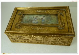 French Antique Gilted Bronze Jewelry Box W/ A Miniature Painting On The Lid Xix