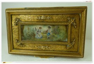 French Antique Gilted Bronze Jewelry Box w/ a miniature painting on the lid XIX 2