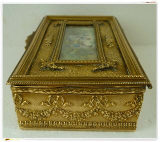 French Antique Gilted Bronze Jewelry Box w/ a miniature painting on the lid XIX 4