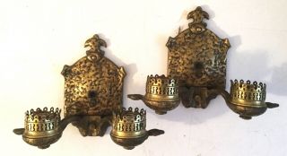 Antique Pair Arts & Crafts Hammered Brass Double Light Wall Sconces Lamps