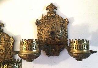 Antique Pair Arts & Crafts Hammered Brass Double Light Wall Sconces Lamps 2