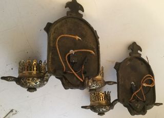 Antique Pair Arts & Crafts Hammered Brass Double Light Wall Sconces Lamps 3