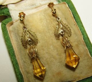 , Antique Victorian,  9 Ct Gold Bespoke Earrings With Fine Citrine Gems
