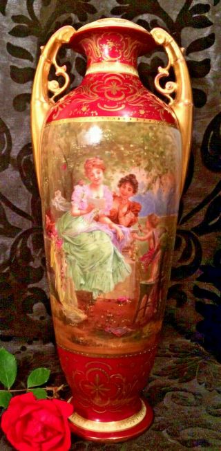 Stunning Very Large Antique Porcelain Continental Royal Vienna Vase 13 "