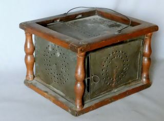 Antique American Foot Warmer punched Pierced Tin heart decorations 18th 19th c 2