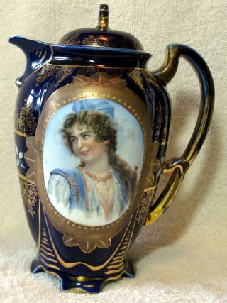 Antique German Porcelain Portrait Chocolate Pot Cobalt Blue With Gold Accents