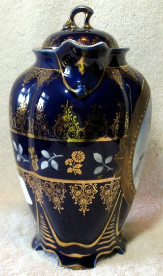 Antique German Porcelain Portrait Chocolate Pot Cobalt Blue With Gold Accents 2