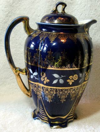 Antique German Porcelain Portrait Chocolate Pot Cobalt Blue With Gold Accents 3