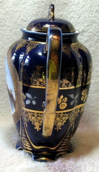 Antique German Porcelain Portrait Chocolate Pot Cobalt Blue With Gold Accents 4