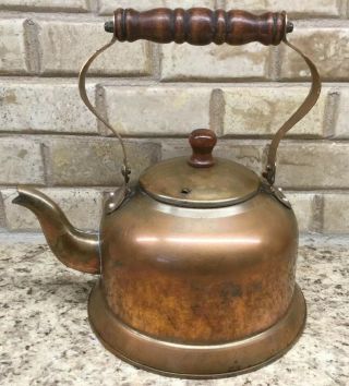 Farmhouse Rustic Copper Metal Vintage Antique Teapot Tea Kettle W/ Wooden Handle