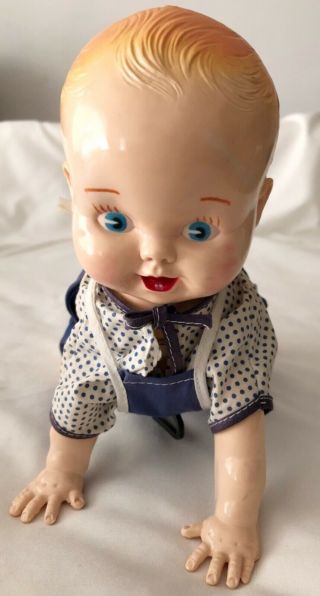 Antique Celluloid And Tin Wind - Up Mechanical Crawling Baby Boy With Outfit