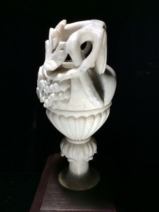 Antique Carved Alabaster Vase Urn Grapes Leaves Foliate Motif Hand Sculpture 3