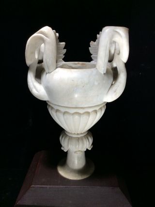 Antique Carved Alabaster Vase Urn Grapes Leaves Foliate Motif Hand Sculpture 4