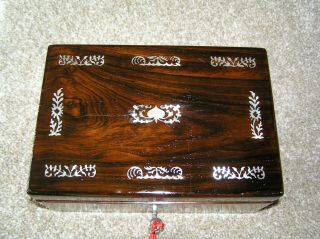 Antique Victorian Rosewood Jewellery/trinket Box With Mop Inlay,  Lock & Key.