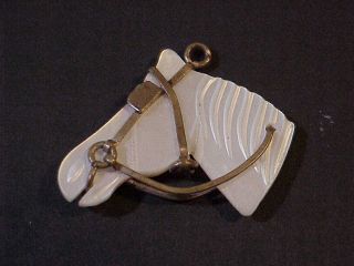 Antique Hand Carved Mother Of Pearl Horse Head Watch Fob Pendent Gold Bridle