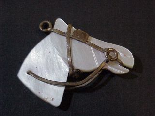 ANTIQUE HAND CARVED MOTHER OF PEARL HORSE HEAD WATCH FOB PENDENT GOLD BRIDLE 2