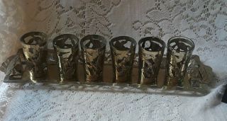 Vintage Shot Glasses Set Of 6 Signed Mexico Silver & Tray