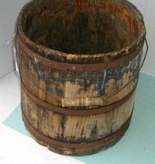 Early 1900 ' s wood Bucket with Remaining Blue Paint & Handle 3