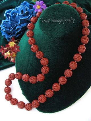 Antique Chinese Deep Carved Red Cinnabar Floral Bead Necklace Knotted 25” Long