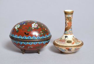 Antique Japanese Cloisonne Oval Box And Signed Satsuma Pottery Vase,  Meiji