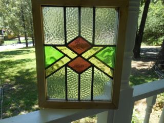V131a - Jy Older English Leaded Stained Glass Window " Double Diamonds " Reframed