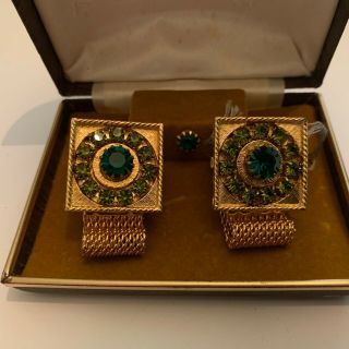 Vintage Large Faceted Green Glass Stone Wrap Cufflinks And Tie Tack