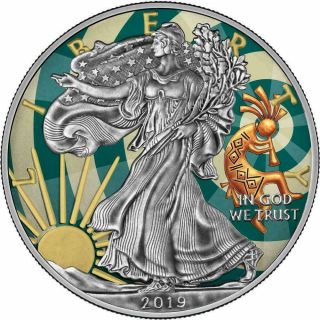 Usa 2019 $1 Liberty Silver Eagle Kokopelli 1 Oz Silver Antique Coin