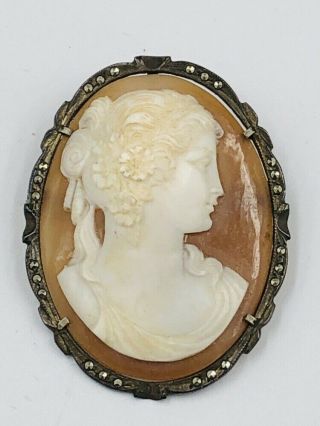 Antique 800 Silver Frame W/ Marcasites Carved Shell Cameo Brooch Pendant