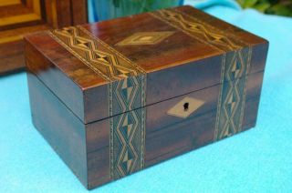 Antique Victorian Tunbridge Ware Jewellery Box Fitted Mahogany & Maquetry Chic