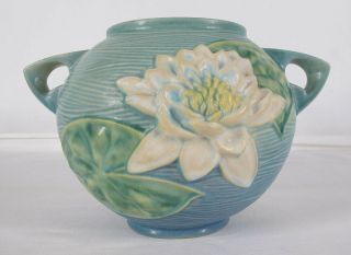 Antique C 1943 Roseville Water Lilly Vase W/handles 437 - 6 " Blue Ground Nr Yqz