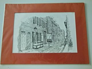 Vintage Matted Pencil Etching Elfreth ' s Alley,  Philadelphia,  PA by C.  M.  Goff 2