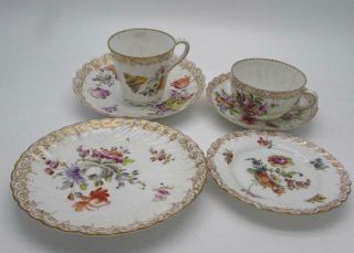 6 Piece Antique 19thc Dresden Porcelain Cups Saucers Plates - Hand Painted