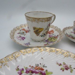 6 Piece Antique 19thC Dresden Porcelain Cups Saucers Plates - Hand Painted 2