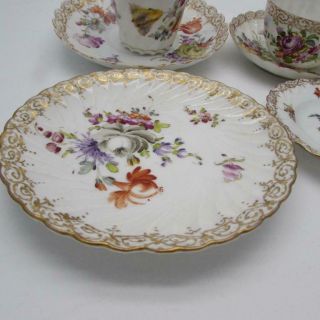 6 Piece Antique 19thC Dresden Porcelain Cups Saucers Plates - Hand Painted 3
