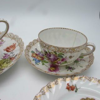 6 Piece Antique 19thC Dresden Porcelain Cups Saucers Plates - Hand Painted 4