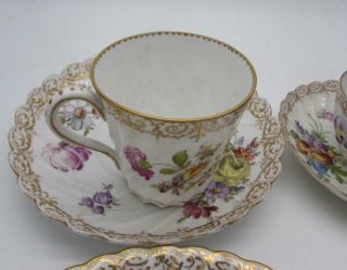 6 Piece Antique 19thC Dresden Porcelain Cups Saucers Plates - Hand Painted 5