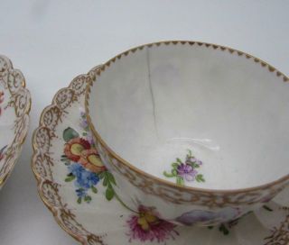 6 Piece Antique 19thC Dresden Porcelain Cups Saucers Plates - Hand Painted 6