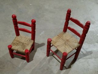 Antique Red Wooden Doll Bear Chairs Set Of 2 - Woven Seats Approx 10 " & 12 " Tall