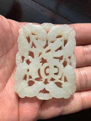 FINE CHINESE QING PERIOD HAND CARVED WHITE JADE ANTIQUE PLAQUE W BUTTERFLY 7