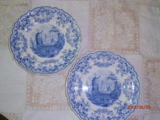 2 Antique Ridgway Pomerania Plates 10 1/4 " Blue Landscape Scalloped Rim Transfer
