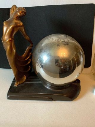 Art Deco Lamp Woman Figurine Statue With Metallic Glass Globe 10” Tall