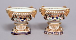 Two Good Antique Derby Imari Porcelain Pastille Burner Bases